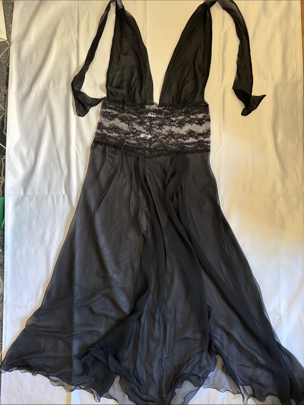 Myla Black Lace-Waist Halter Silk Chiffon Nightgown
